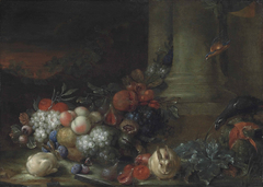 Fruit still life with rabbits at the base of some columns by Peter Mathys Gillemans