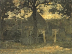 Gabled farmhouse façade with tree, fence and gateposts in front by Piet Mondrian