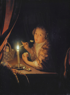 Girl about to take a bite of a piece of apple by Godfried Schalcken