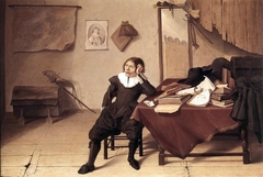 Interior of a Room with a young Man seated at a Table