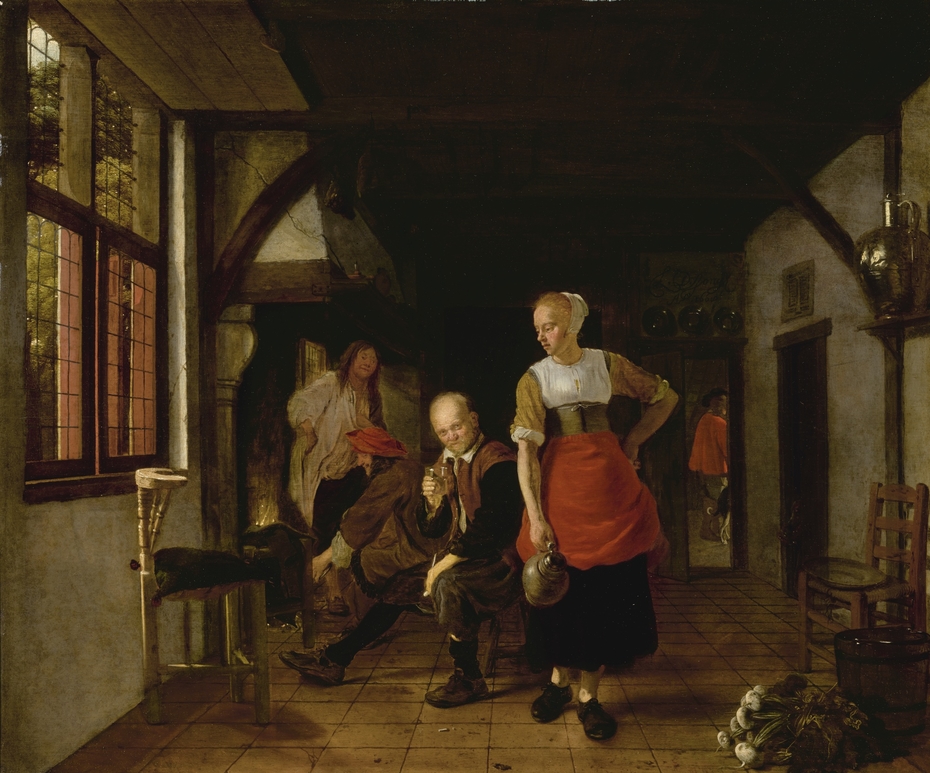 Interior with a Maid holding a Jug and Three Men by the Fire