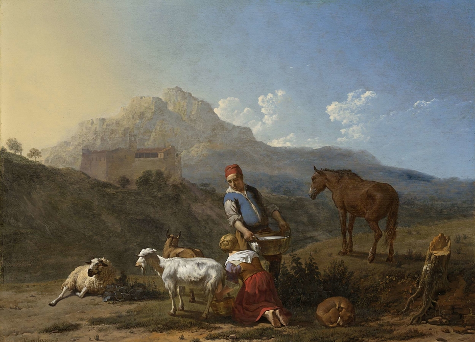 Italian Landscape with Girl Milking a Goat