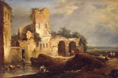 Landscape with a ruin at a stretch of water by Johann Christian Brand