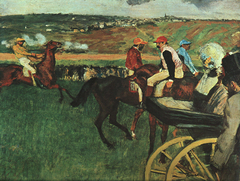 Le champ de courses. Jockeys amateurs près d'une voiture by Edgar Degas