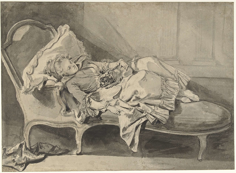 Madame Greuze op een chaise-longue met haar hondje