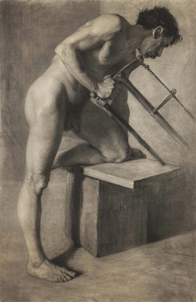 Male nude sawing a board.