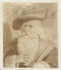 Man met bontkraag, hoed en staf by Jan van de Velde II