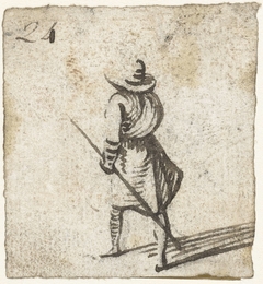Man met breedgerande hoed en een stok in de hand, van achteren by Harmen ter Borch
