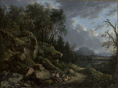 Mountain landscape with a shepherd and a shepherdess
