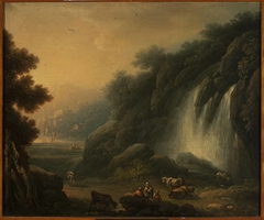Mountain landscape with a waterfall and staffage by Franciszek Ksawery Lampi