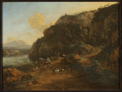 Mountain landscape with travellers
