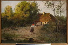 Peasant woman in front of a cottage