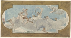 Plafondschildering met figuren gezeten op wolken by Wilhelm Cornelis Bauer