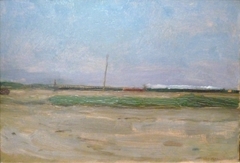 Polder Landscape with a Train and a Small Windmill on the Horizon by Piet Mondrian