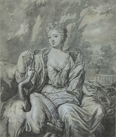 Portret van een vrouw met een zwaan en een papegaai in een tuin by Mattheus Verheyden