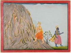 Raja Muchukanda enters the Gandhamadana mountains; Muchukanda departs for Badrinath in the Himalayas to attain salvation (x.51-52) from a Bhagavata Purana series,  “fifth Basohli Bhagavata Purana" by Fattu