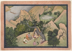Rama, Sita, and Lakshmana at the Hermitage of Bharadvaja: Illustrated folio from a dispersed Ramayana series by Anonymous