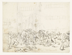 Spelende kinderen voor de Raadhuistoren en de school te Zwolle by Unknown Artist