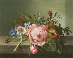 Spray of flowers, with a beetle on a stone balustrade