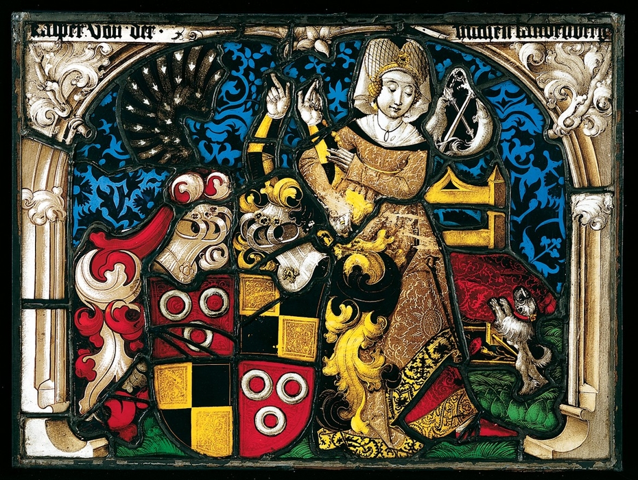 Stained-Glass Panel with a Coat of Arms and a Female Supporter
