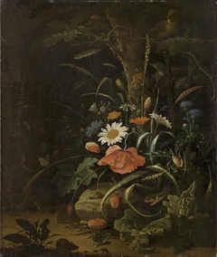 Still life of wild flowers at the foot of an oak tree, in front of a grotto