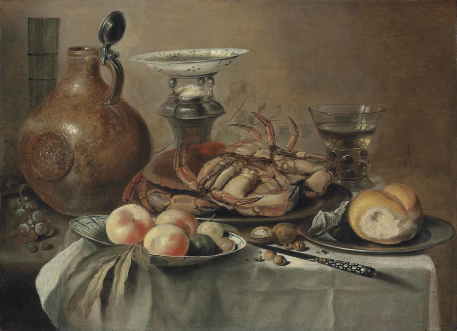 Still life with a crab, a bellarmine, salt cellar, and fruit on a porcelain plate