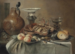 Still life with a crab, a bellarmine, salt cellar, and fruit on a porcelain plate by Pieter Claesz