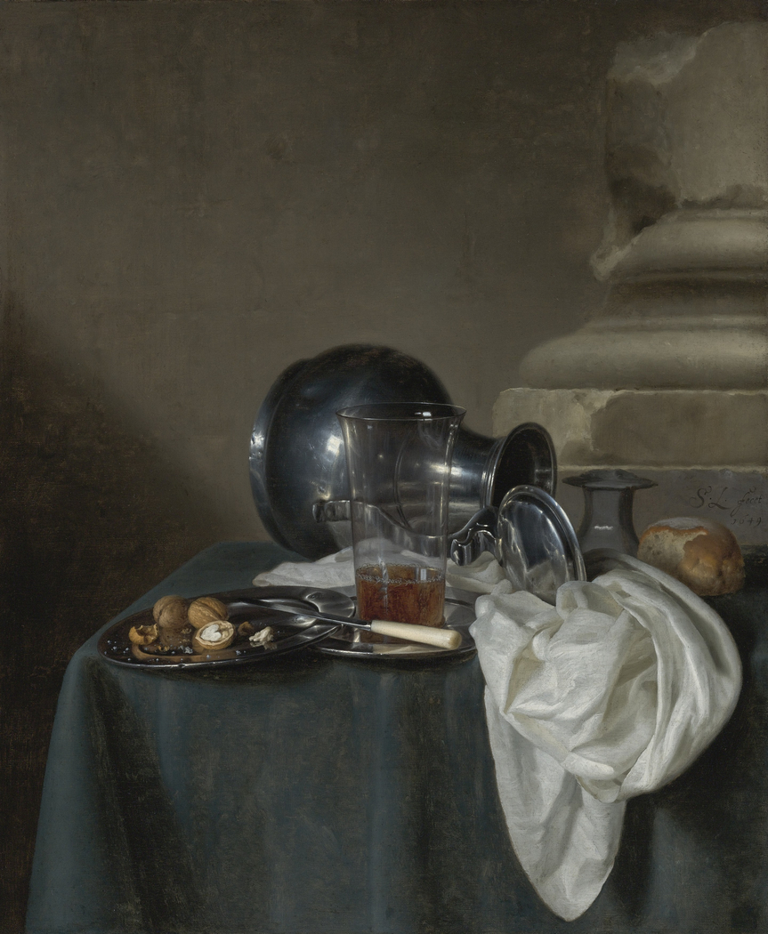 Still Life with a Pewter Jug on a table with beer, salt cellar, bread, knife and napkin before a column