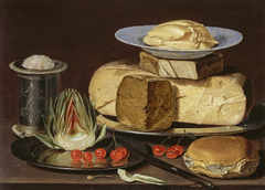 Still life with cheese, artichoke and cherries