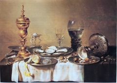 Still life with columbine cup, tazza, salt cellar, roemer, oysters and lemon