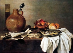 Still life with herring, smoking equipment, stone jug and beer glass, 1644 by Pieter Claesz