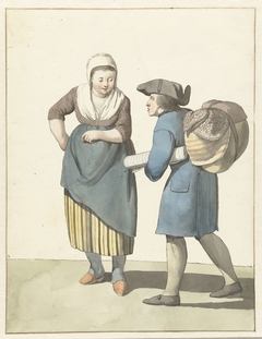 Stoffenverkoper onderhandelend met een vrouw by W. Barthautz