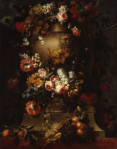 Stone Vase with Garlands of Flowers and Fruit