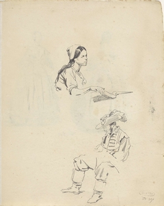 Studies van een vrouw met boek en een zittende soldaat by Pieter van Loon
