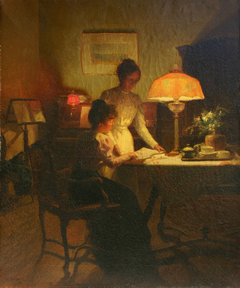 Study of Piano Score between Two Young Woman in the Glow of an Oil Lamp by Marcel Rieder
