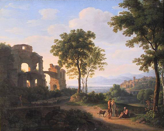 Sunlit ruin landscape with a family on a way and shepherd with sheeps