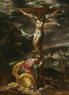 The weeping Mary Magdalene at the feet of the crucified Christ by Jan Nagel