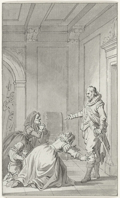 Twee vrouwen en een kind, geknield smekend voor een heer by Jacobus Buys