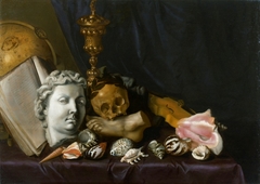 Vanitas still life with shells and plaster casts by Dirck de Horn