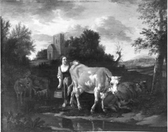 Viehstück mit Hirtin by Pieter van der Leeuw