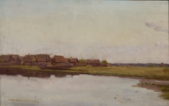 Village at waterside by Józef Chełmoński