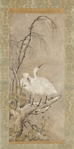 Winter Landscape of Two Herons, Willow, and Tea Plants Blossoms by Anonymous