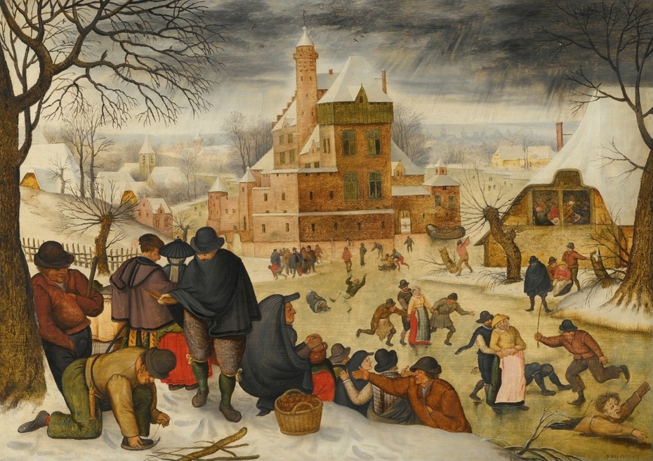 Winter landscape with ice skaters