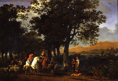 Wooded landscape with horsemen, peasants and cattle on a road