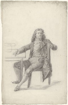 Zittende man aan tafel met stift in rechterhand, omziende by Unknown Artist