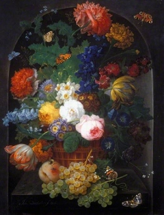 A basket of flowers with fruit by Johann Baptist Drechsler