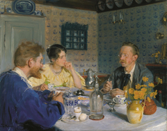 A luncheon. The artist, his wife and the writer Otto Benzon by Peder Severin Krøyer