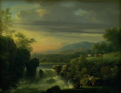 A Mountainous Landscape with a Waterfall. Sunrise