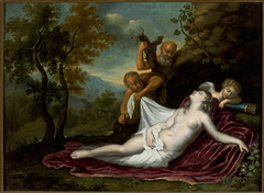 A nymph, a cupid and satyrs against landscape by Johan Baptist Govaerts