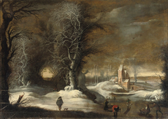 A winter landscape with figures sleighing and skating